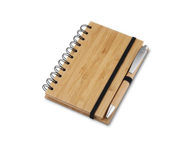 Caderno de anotações capa de bambu com caneta